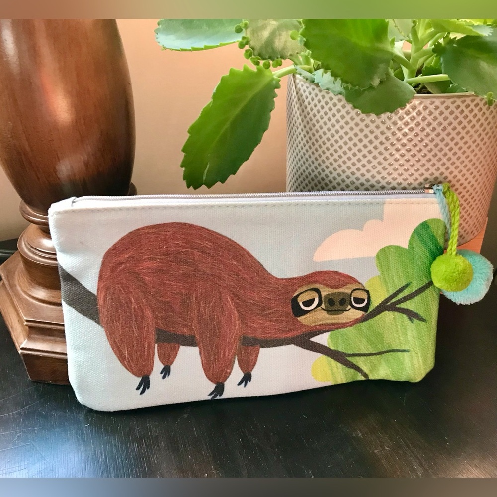 NEW Super Cute Sloth Canvas Pouch Green Aqua Pom-Pom Zipper Pull Wallet Pencils
